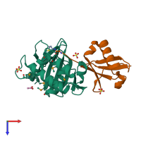 PDB entry 3pt2 coloured by chain, top view.