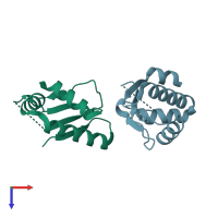 PDB entry 3pt3 coloured by chain, top view.