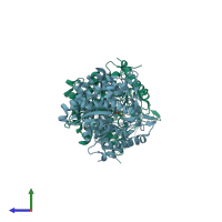 PDB entry 3ptk coloured by chain, side view.