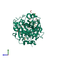 PDB entry 3ptr coloured by chain, side view.