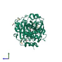 PDB entry 3pua coloured by chain, side view.