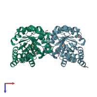 PDB entry 3pue coloured by chain, top view.