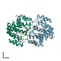 PDB entry 3pul coloured by chain, front view.