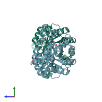PDB entry 3pul coloured by chain, side view.