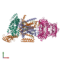 Hetero pentameric assembly 1 of PDB entry 3puw coloured by chemically distinct molecules, front view.