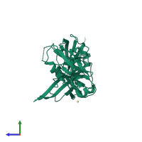PDB entry 3pv4 coloured by chain, side view.