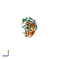 PDB entry 3pv6 coloured by chain, side view.