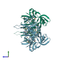 PDB entry 3pvq coloured by chain, side view.