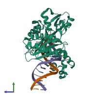 PDB entry 3pvx coloured by chain, side view.