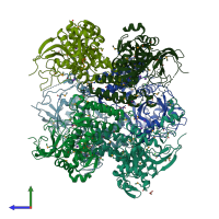 PDB entry 3pw3 coloured by chain, side view.