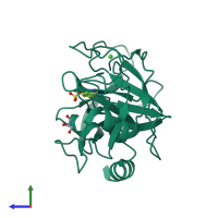 PDB entry 3pwb coloured by chain, side view.