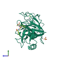 PDB entry 3pwc coloured by chain, side view.