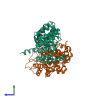 Hetero dimeric assembly 1 of PDB entry 3pz2 coloured by chemically distinct molecules, side view.