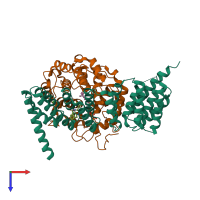 Hetero dimeric assembly 1 of PDB entry 3pz2 coloured by chemically distinct molecules, top view.