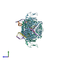 PDB entry 3pzp coloured by chain, side view.