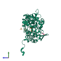 Monomeric assembly 1 of PDB entry 3q27 coloured by chemically distinct molecules, side view.