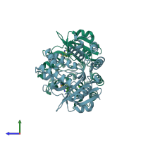 PDB entry 3q2j coloured by chain, side view.