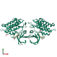 Homo dimeric assembly 1 of PDB entry 3q4u coloured by chemically distinct molecules, front view.