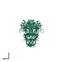 Homo dimeric assembly 2 of PDB entry 3q4u coloured by chemically distinct molecules, side view.