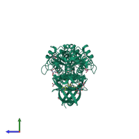 Homo dimeric assembly 3 of PDB entry 3q4u coloured by chemically distinct molecules, side view.