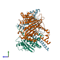 PDB entry 3q68 coloured by chain, side view.