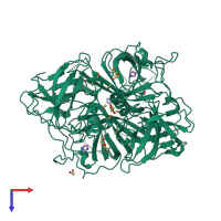 Homo dimeric assembly 1 of PDB entry 3q6r coloured by chemically distinct molecules, top view.