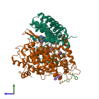 PDB entry 3q7f coloured by chain, side view.