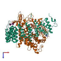 PDB entry 3q7f coloured by chain, top view.