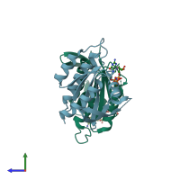 PDB entry 3q7q coloured by chain, side view.