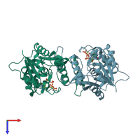 PDB entry 3q7u coloured by chain, top view.