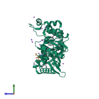 PDB entry 3qae coloured by chain, side view.