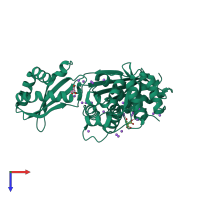 PDB entry 3qae coloured by chain, top view.