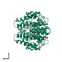 Homo dimeric assembly 1 of PDB entry 3qag coloured by chemically distinct molecules, side view.