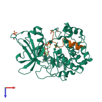 PDB entry 3qal coloured by chain, top view.