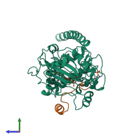 PDB entry 3qam coloured by chain, side view.