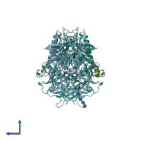 PDB entry 3qbj coloured by chain, side view.