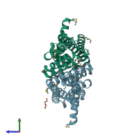 PDB entry 3qbm coloured by chain, side view.