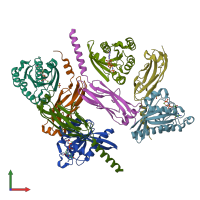 PDB entry 3qbt coloured by chain, front view.