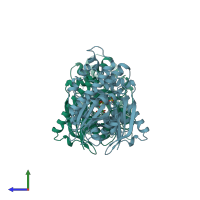 PDB entry 3qbx coloured by chain, side view.
