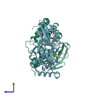 PDB entry 3qcf coloured by chain, side view.