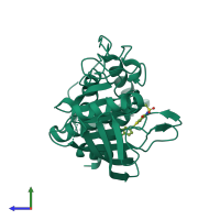 PDB entry 3qch coloured by chain, side view.