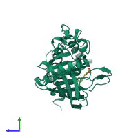 PDB entry 3qck coloured by chain, side view.