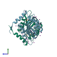 PDB entry 3qd5 coloured by chain, side view.