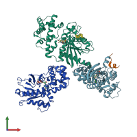 PDB entry 3qe0 coloured by chain, front view.