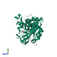PDB entry 3qe3 coloured by chain, side view.