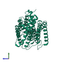 PDB entry 3qe7 coloured by chain, side view.