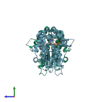 PDB entry 3qeo coloured by chain, side view.