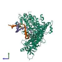 PDB entry 3qes coloured by chain, side view.