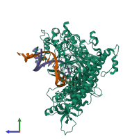 PDB entry 3qev coloured by chain, side view.