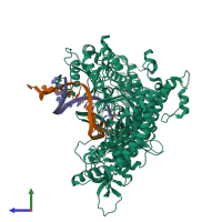 PDB entry 3qex coloured by chain, side view.